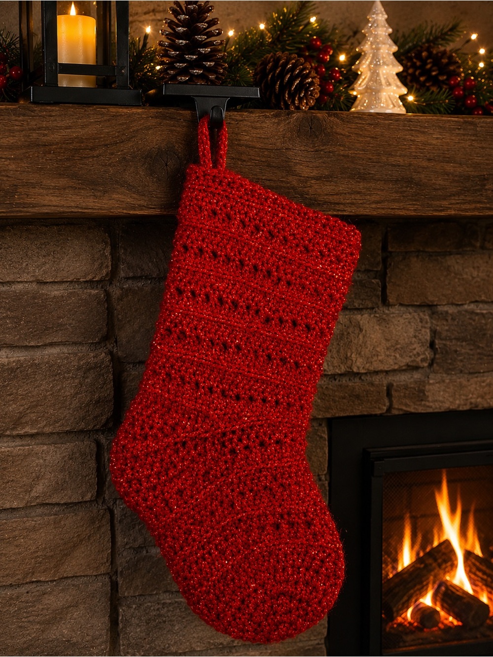 Handmade Red Tinsel Crochet Christmas Stocking Sparkly Holiday Mantel Decor